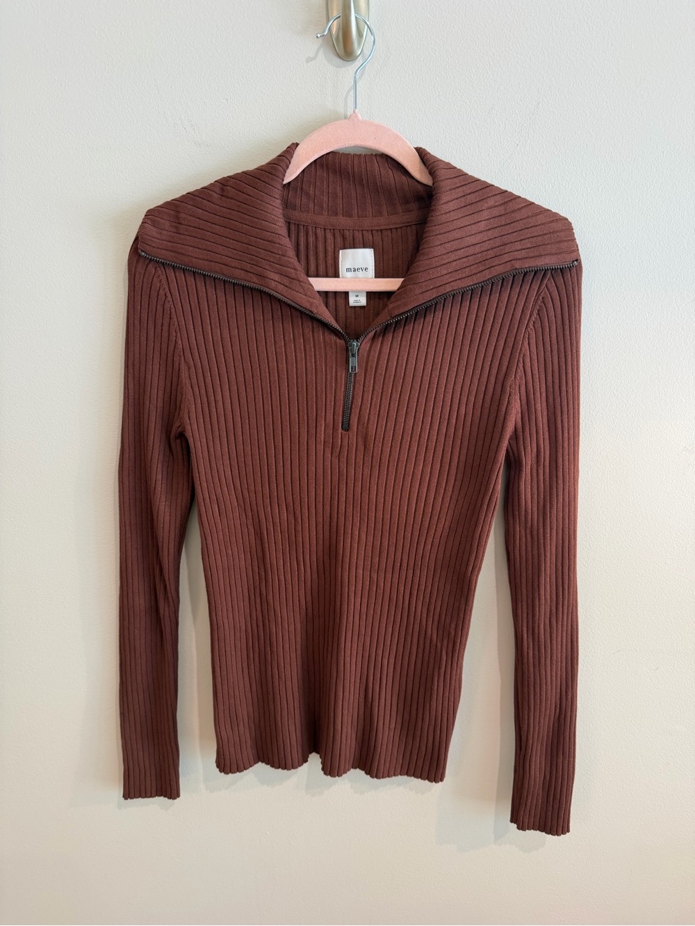 Anthropologie Maeve Brown Ribbed Half-Zip Sweater Top